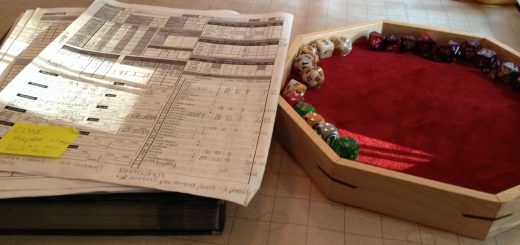 Dice tray with dice, and a Pathfinder RPG character sheet.