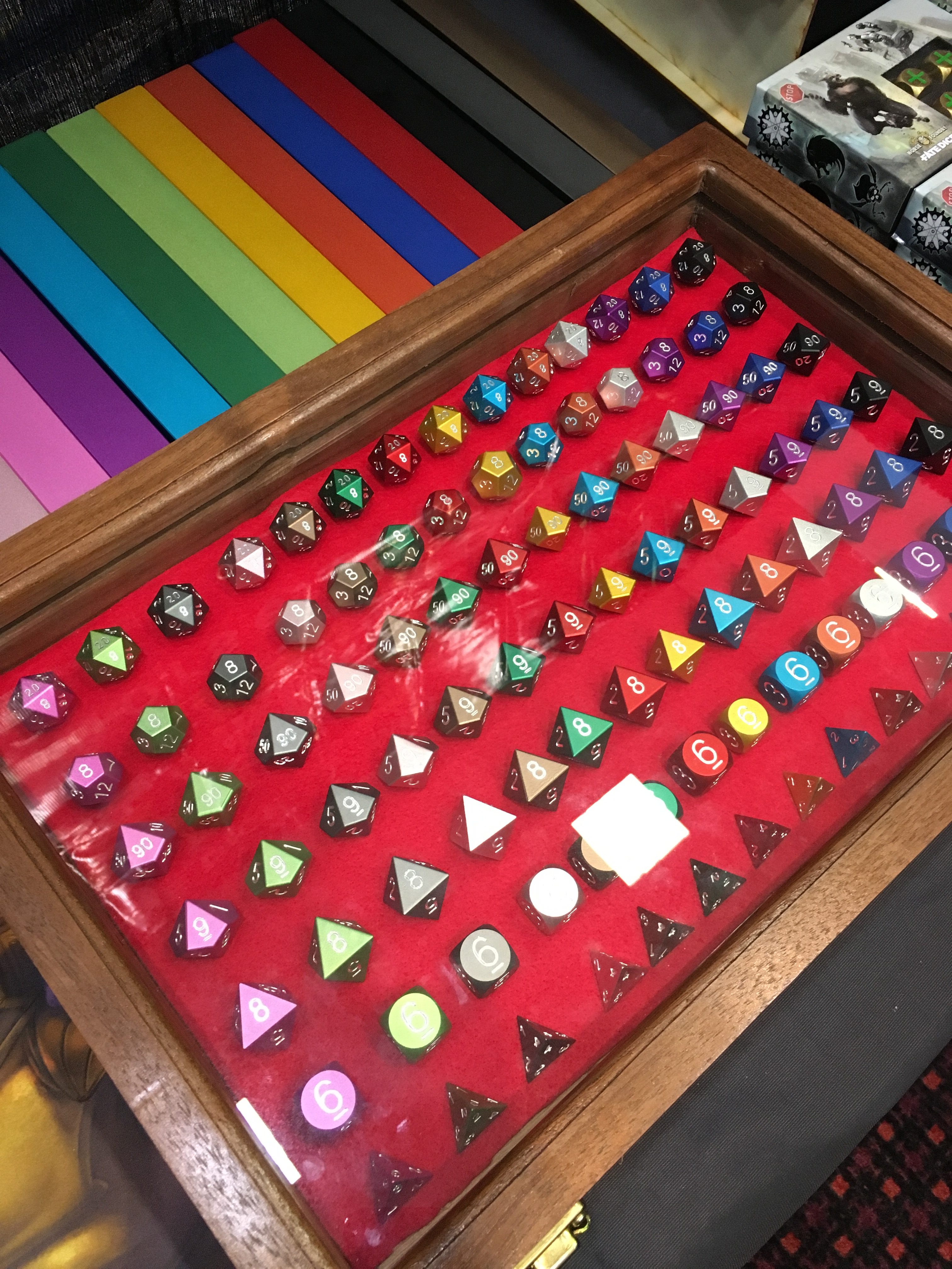 Metal dice on display